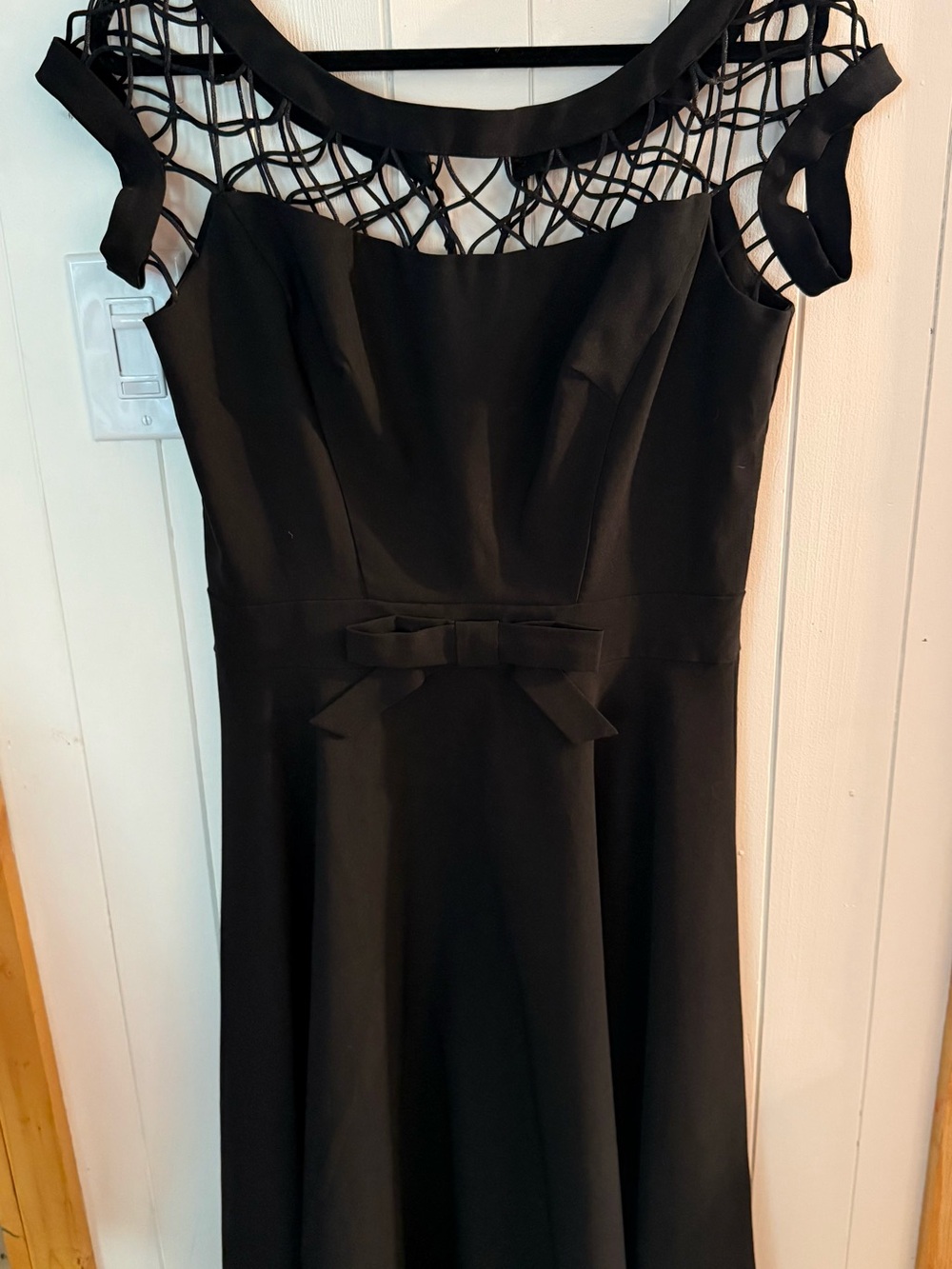 Tatyana Black Midi Dress with Lattice Yoke and Waist Bow